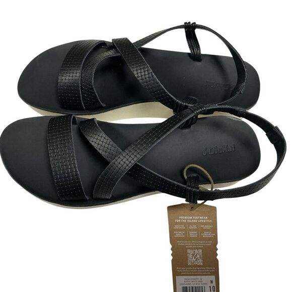 Olukai Sandals Womens 10 Black White Sand Onohi Strappy Leather Platform NEW - Picture 8 of 11